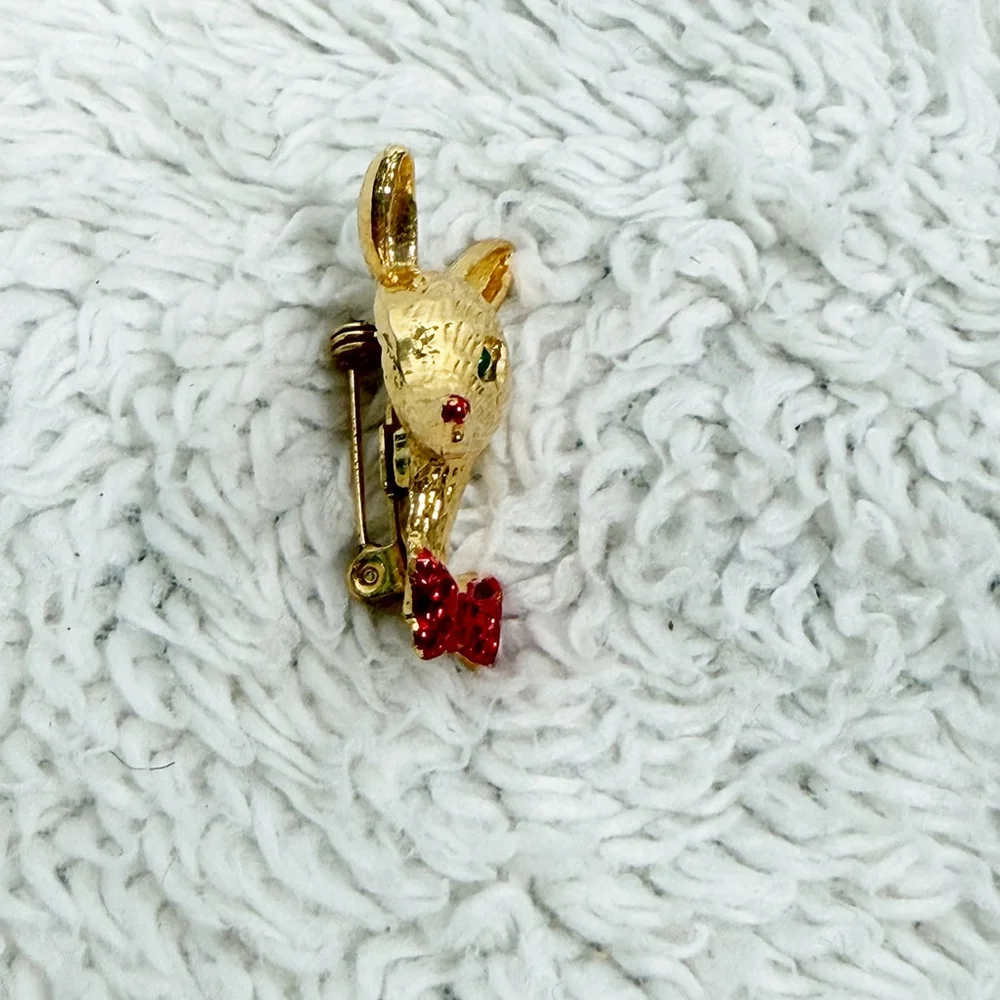 Vintage AAI Rudolph Reindeer Christmas Brooch Pin Gold Tone Red Bow Tie 1.5